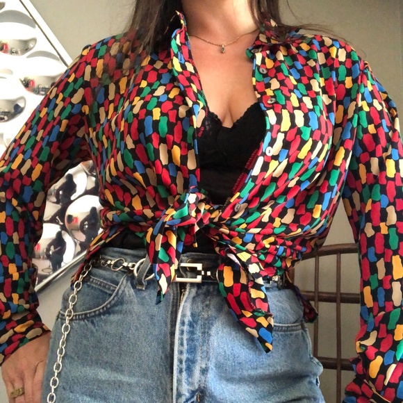 Vintage Multicolor Print Button Down Medium - Picture 3 of 8
